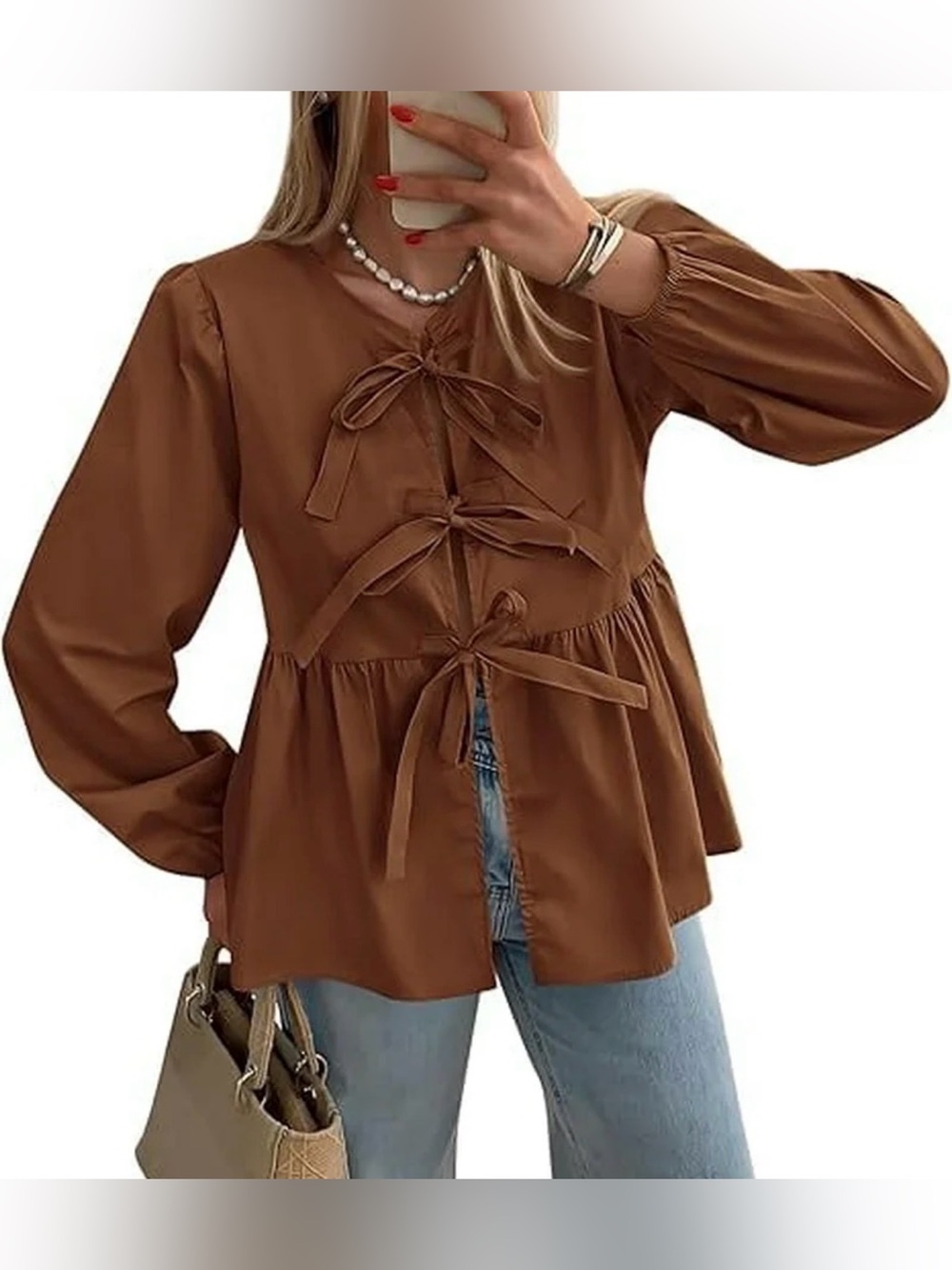 Pretty Garden Babydoll Peplum Blouse Shirt Long Sleeve Bow Tie Size Small PTP 20